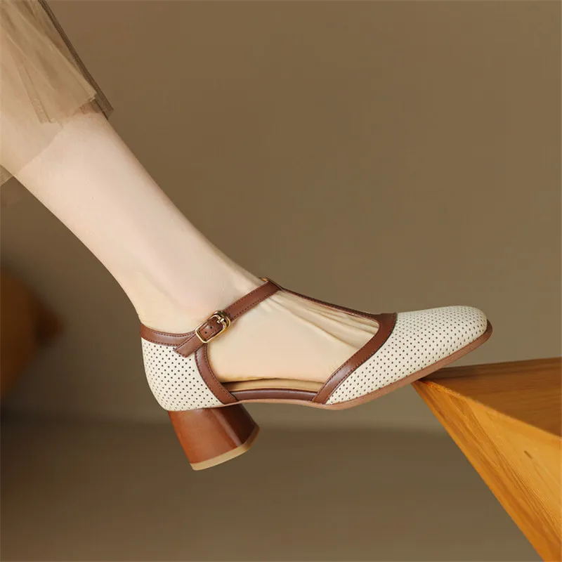 2023 New Summer Sandals Square Toe Chunky Heel Hollow Out Sandals for Women French Retro Women Sandals Mixed Color Ladies Shoes