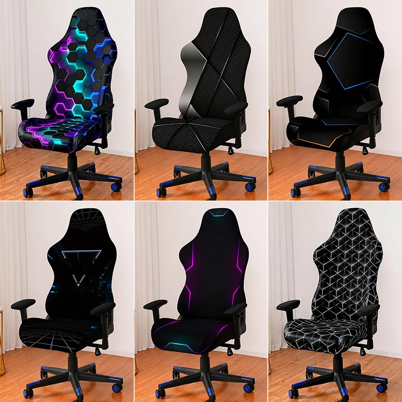 1pc Stretch Gaming Chair Slipcover Geometric Print Elastic Protective Cover for Racing Game Computer Chair
