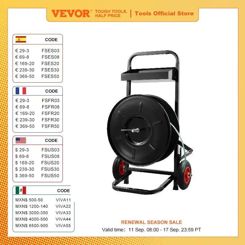 

VEVOR Banding Strapping Cart with 8" Core Size Tray Anti-Retreat Pulleys Strapping Dispenser for PET/PP/Fiber Strapping Coils