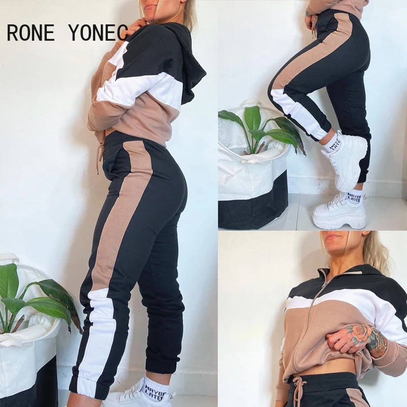 Women Long Sleeves Patchwork Pattern Side Striped Sporty Hooded Ankle-Length Two Pieces Pants Sets