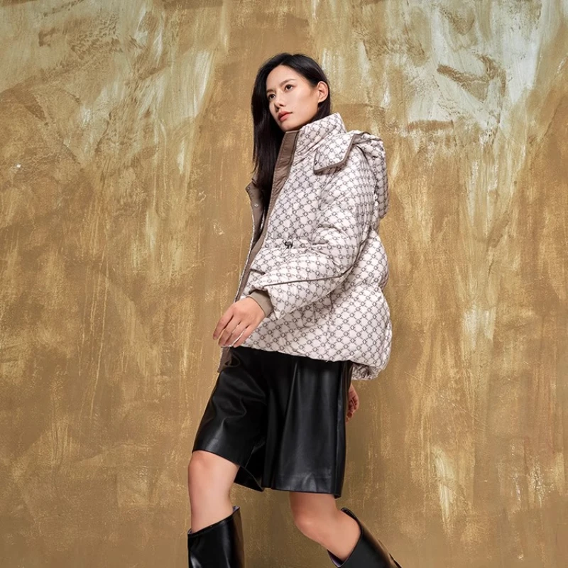 Chericom Women's Hooded Down Coat Stand Collar Print Design Dual Zipper Placket Ribbed Windproof Cuffs Slanted Pockets Y299155Y