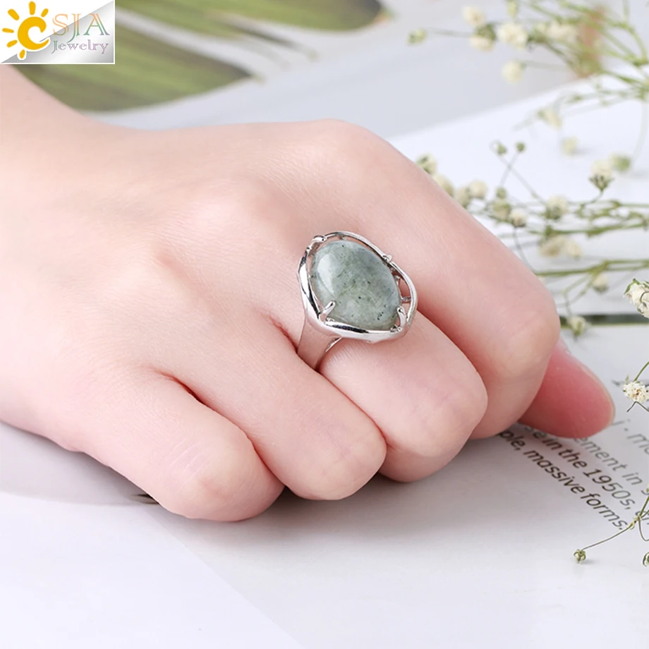 CSJA Natural Stone Ring Women Labradorite Crystal Quartz Ring Water Drop Round Finger Rings Silver Color Adjustable Jewelry G906