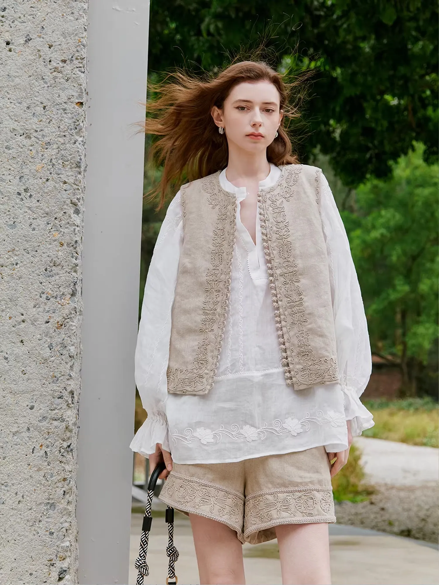 

Heavy Embroidery Linen round Ne Vest orts Set Artistic Sle Women's Summer Faion Outfit Button Sve Long Sve U4073