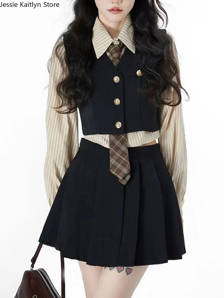 Uniforme escolar kawaii para meninas, colete de tricô e saias plissadas, cosplay anime coreano, bonito uniforme JK, estilo japonês, outono, 2023