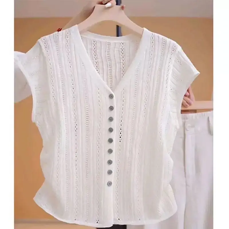 

2025 Women Clothing Short Sleeve Thin Cardigan Hollow Out Temperament Sueter Mujer Pull Femme Chic Knitted Summer Sweater Tops