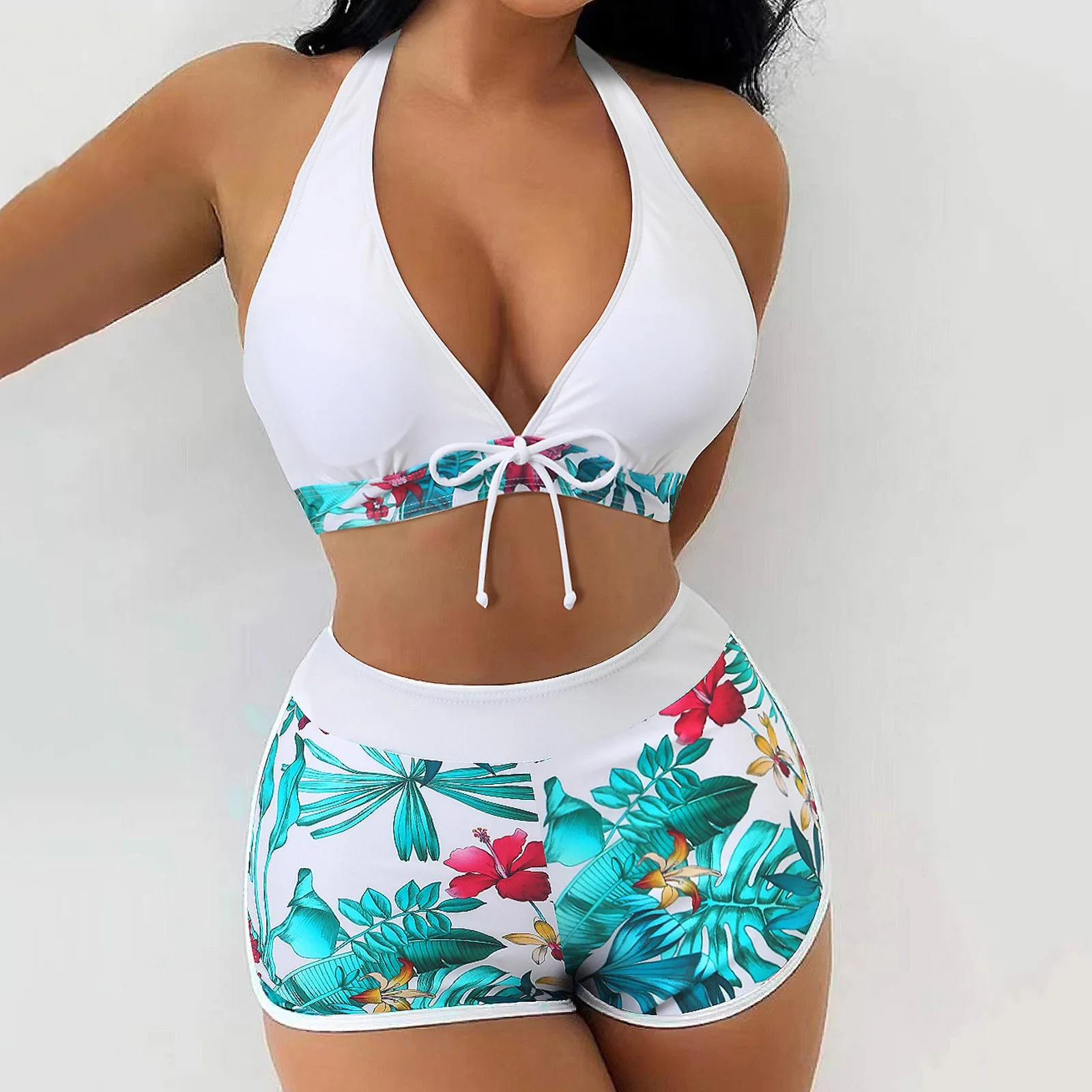 Tropical Print Bikinis Women Two Piece Swimsuit Ladies Shorts Halter Two Piece Swimwears Tankinis Set Summer Beach Wear Swimming