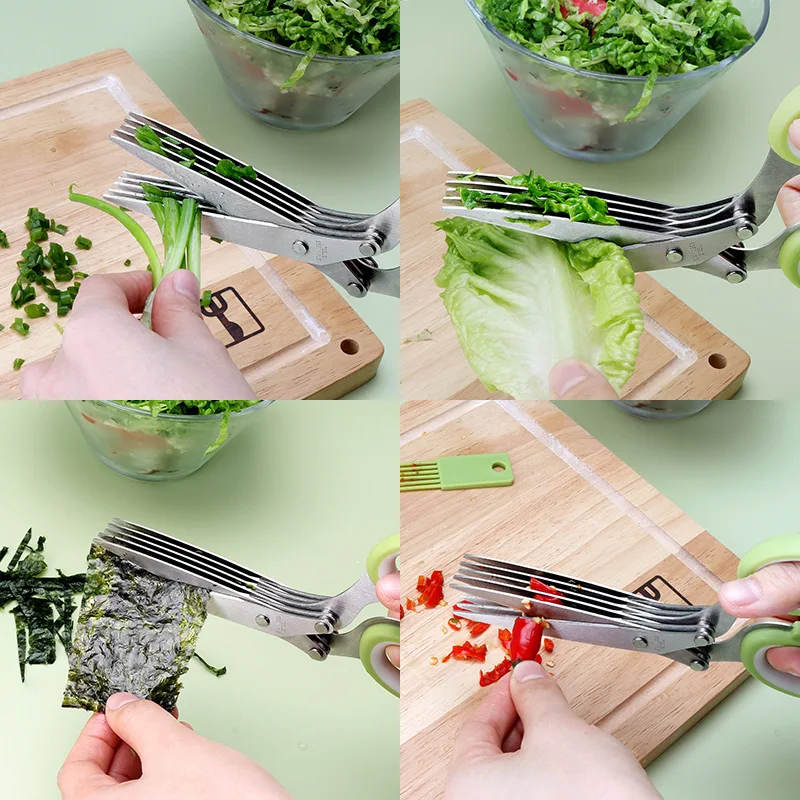 Multifunctional 5 Layers Stainless Steel Knives Kitchen Scissors Scallion Cutter Herb Laver Spices Cook Cut Shredders & Slicers