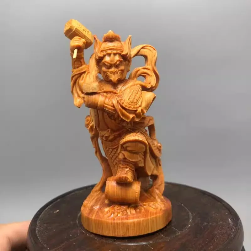 

Exquisite Wood Carved Thunder God Statue, intricately detailed for Home Decor, Temple Worship, Protective Deity Ornament