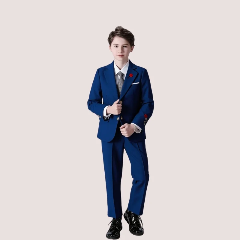 Flower Boys Blue Embroidered Wedding Suit With Jacket Pants Tie Kids Birthday Piano Host Speech Chorus Performance Costume