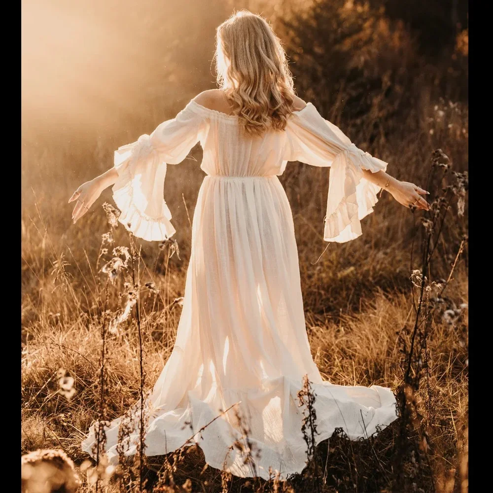 Vestido de embarazo con hombros descubiertos, conjunto bohemio de lino y algodón de manga larga para sesión de fotos, accesorios de fotografía de maternidad