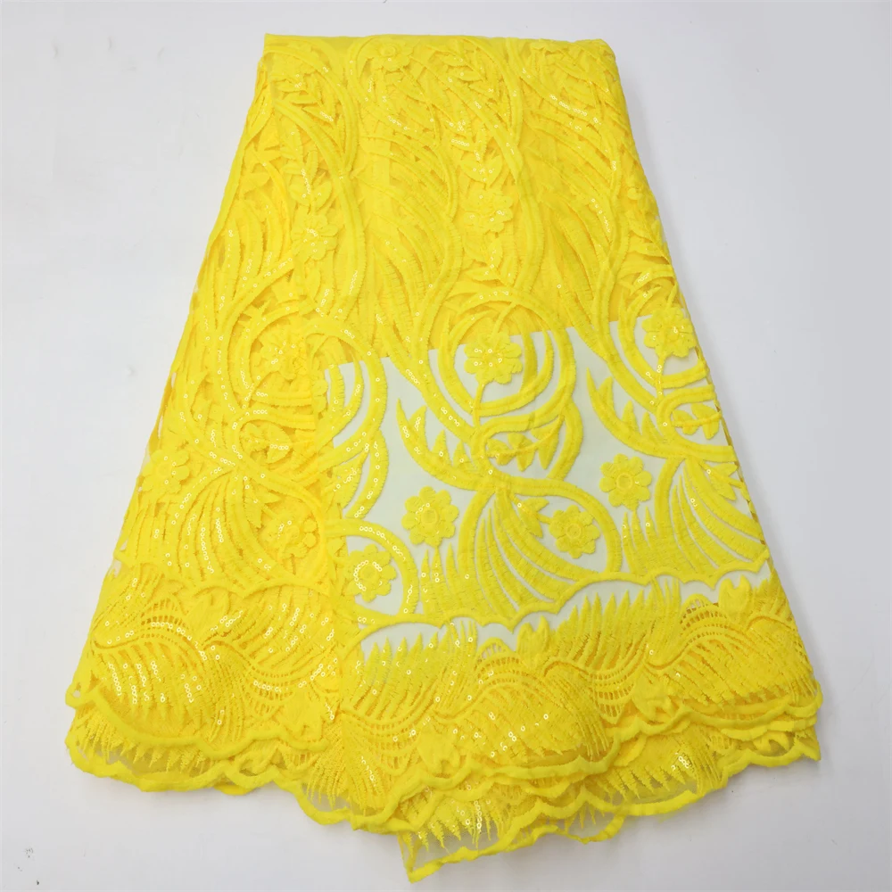 

African Sequins Lace Fabric Yellow 2022 High Quality Lace Material French Nigerian Lace Fabrics For Women Party Sewing LY1497