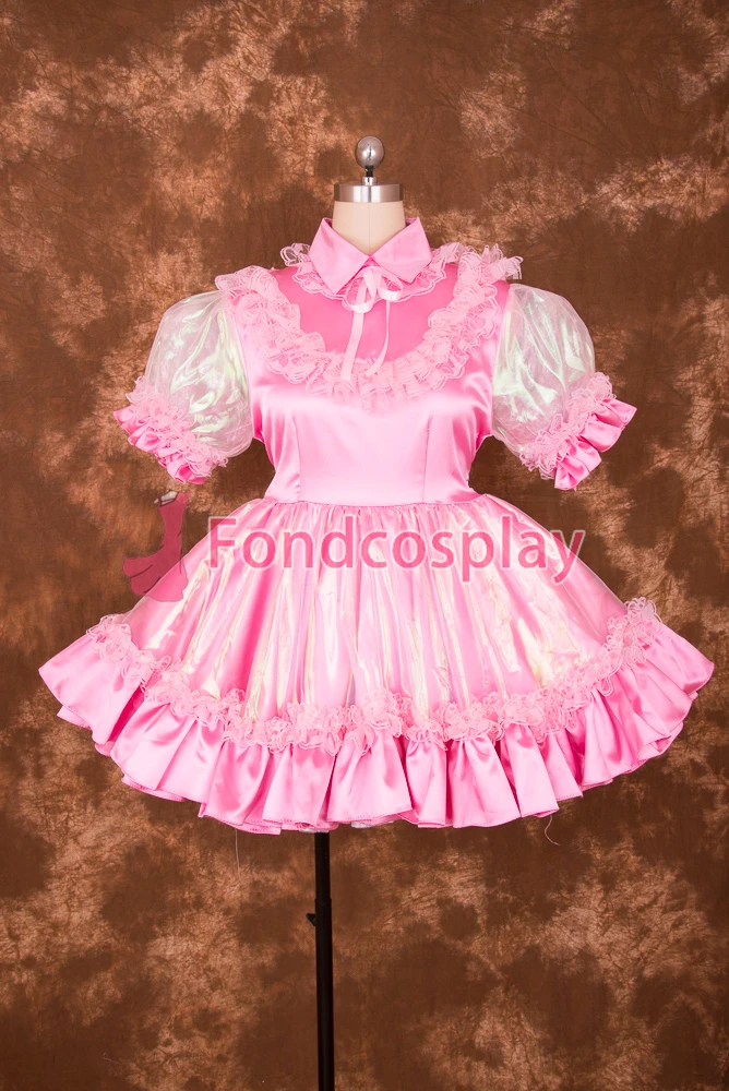 fondcosplay adult sexy cross dressing sissy maid short Lockable baby Pink Satin Colourful Lace Dress Cosplay Uniform[S017]