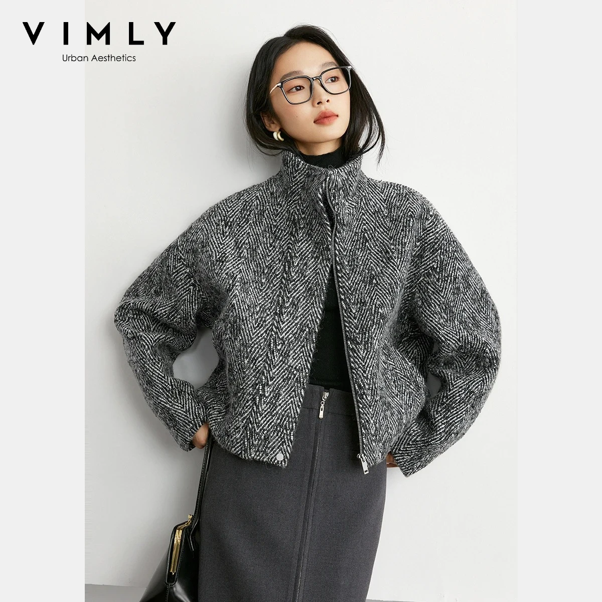 VIMLY Damen Gestreifte Kurze Tweed-Mäntel Winter 2025, Wollmischung, strukturierte Jacke, Stehkragen, Reißverschluss, lange Ärmel, Damenmäntel M9117
