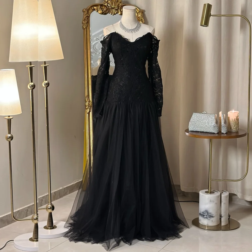 

Customized Net Lace Pleat Temperament Off-the-shoulder Black Long Dresses Bespoke Occasion Dresses Women's Evening Party