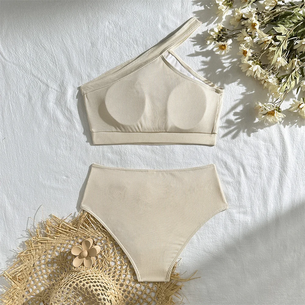 Sexy um ombro bandagem biquíni cintura alta maiô férias banho mulher coreano preto y2k biquinis conjunto beachwear maiô