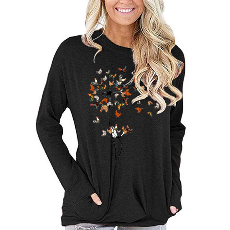 Chicken Flowers Design Fashion Long Sleeve T-shirt Women Chickens Classic Tops Funny Dandelion Chicken Flower Graphic T Shirts