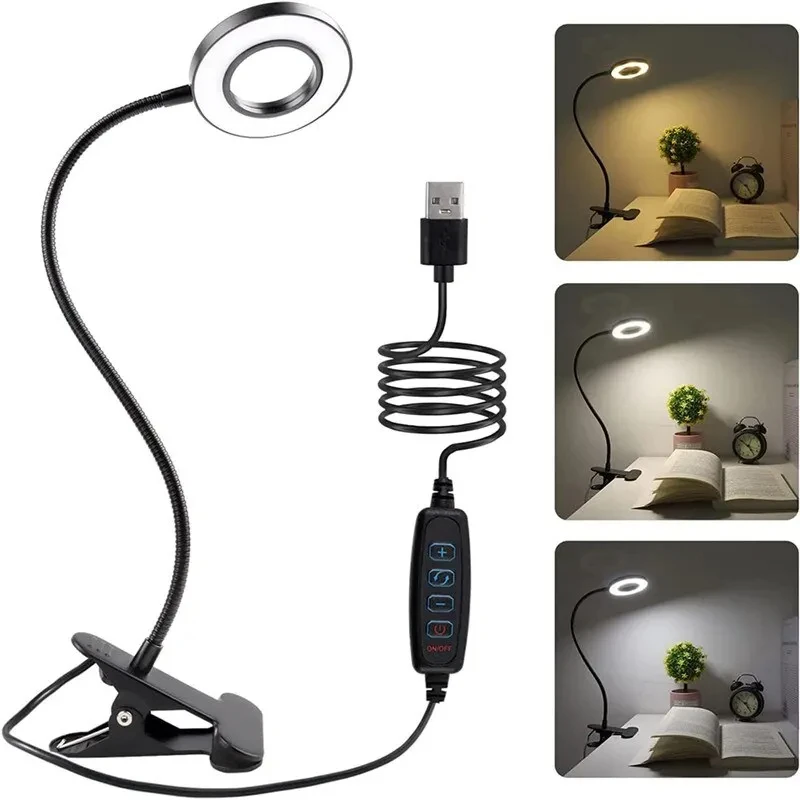 LED Clamp Light USB Desk Lamp Eye Protection Reading Flexible Book Light 3 Level Dimmable Touch Control For Bedroom Office Study