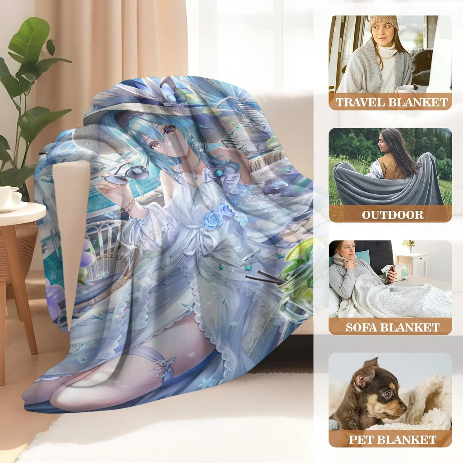 Cartoon Genshin Impact Eula Lawrence Universal Flannel Blanket Anime Printed Soft Blankets Multifunctional Blankets Decor Home