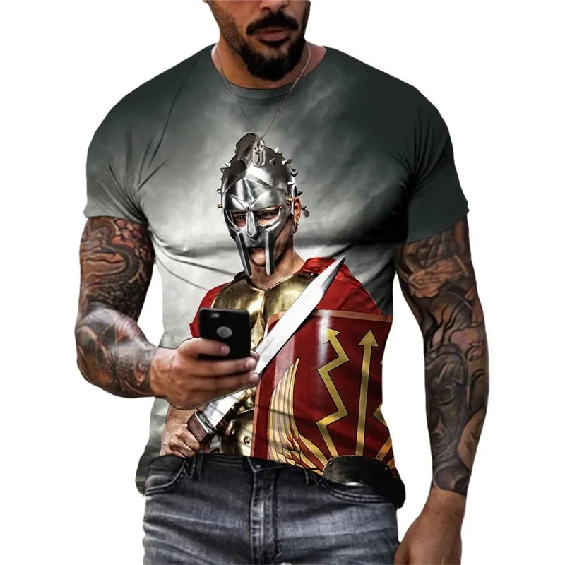 Hot Fashion Roman Gladiator Print Men's 3D Casual Short Sleeved Summer Quick Dry Light Comfortable Crewneck Men's T-shirt