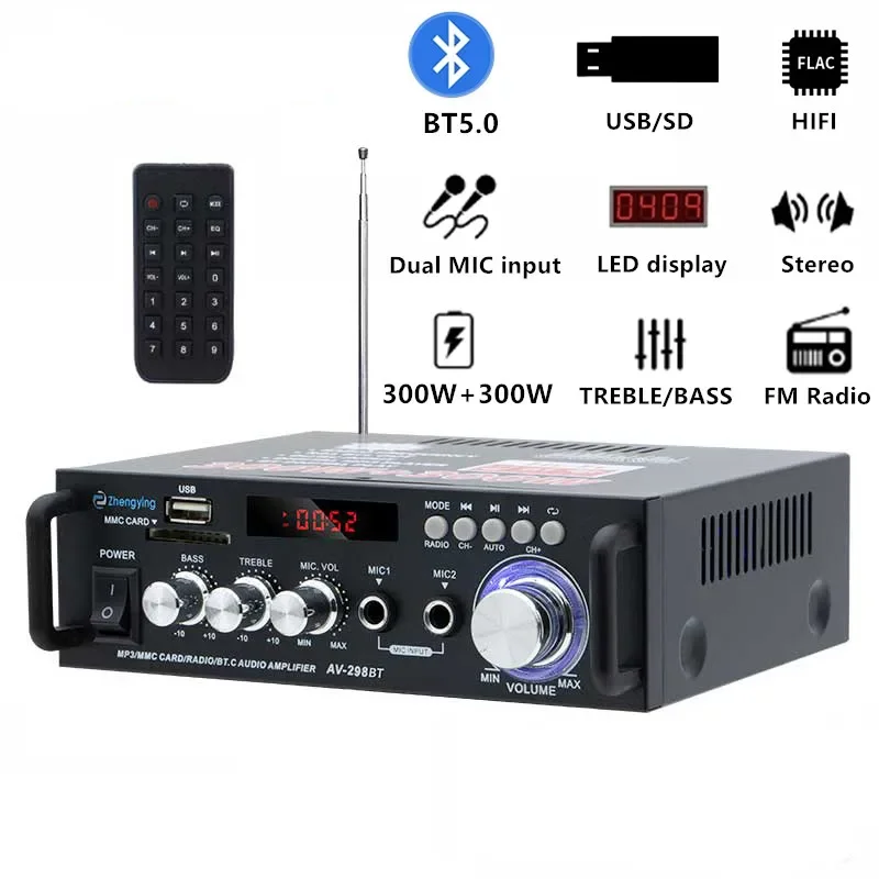 AV-298BT HiFi Digital Amplifier Bluetooth Amplifiers 300W+300W Channel 2.0 Stereo Power Sound AMP for Car Home Theater Karaok