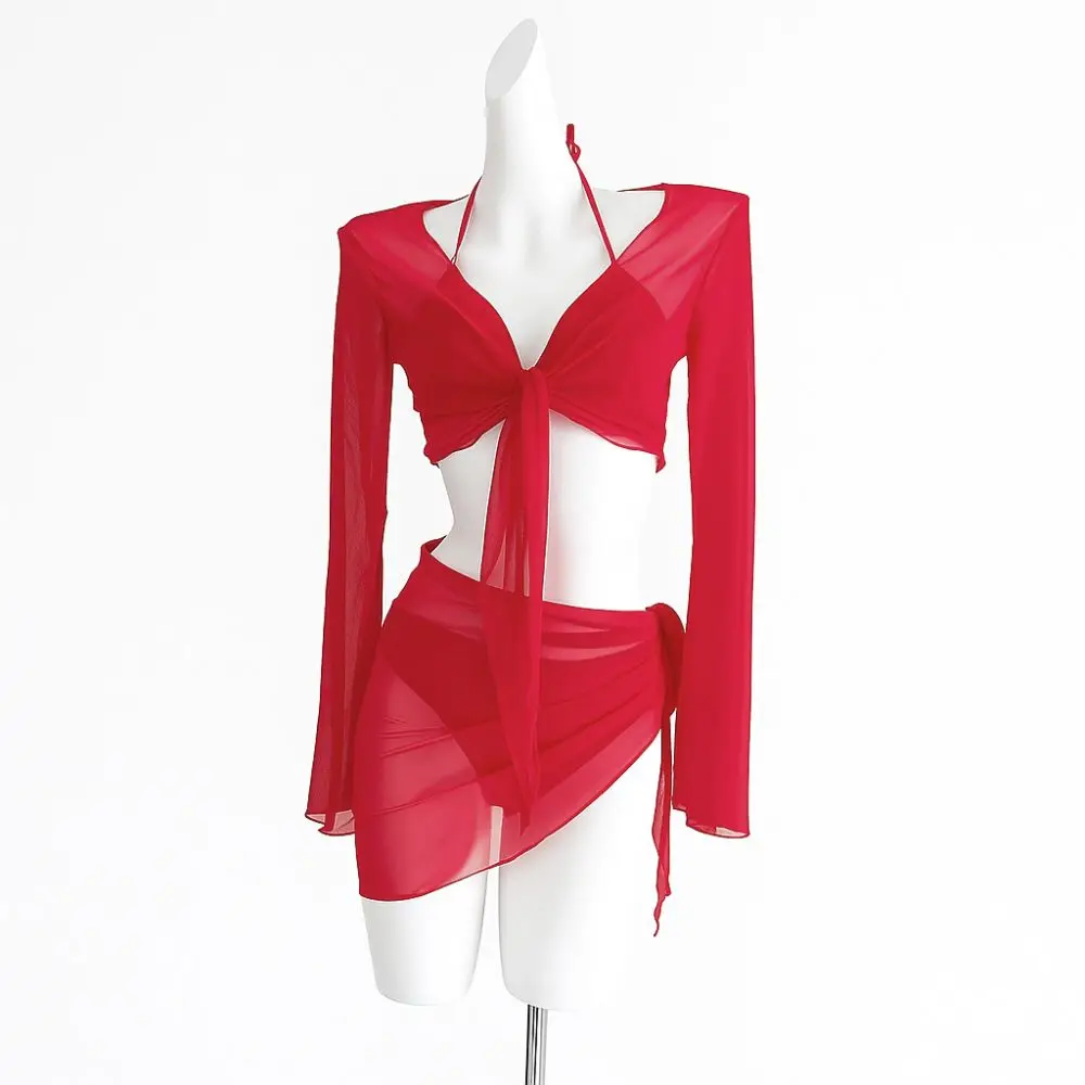 Pure Red Color Four Piece Bikini Set White Color Lace Up Design Split Swimsuit Cover Up Skirt Solid Color Long Sleeved Swimsuit