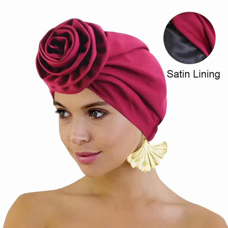 

Big Flower Hijab Silky Satin Turban Inner Hat Women Hair Loss Cover Bonnet Chemo Cap Elastic Femme Underscarf Turbante Head Wrap