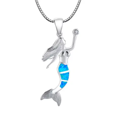 Silver Color Mermaid Pendant Necklace with Blue Opal Iridescent Tail, Cubic Zirconia Gem, Delicate Chain Jewelry for Women