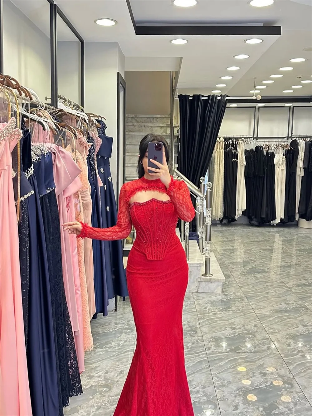 Cathy Customized Red Detachable Lace Sleeves Prom Dress Elegant Mermaid vestidos de noiva Floor-length Formal Evening 2025