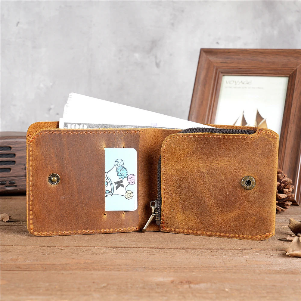 Men Wallet Card Holder Genuine Leather Vintage Thin Short Multi Function ID Credit Card Holder zipper Male Purse Money Wallet