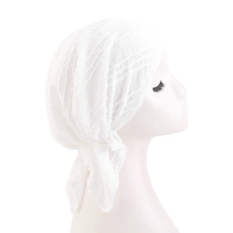 New Women Solid Color Cotton Crinkle Turban Elastic Muslim Hijab Hats Long Tail Head Wraps Chemo Beanies Caps Cancer Bandanas - view 4