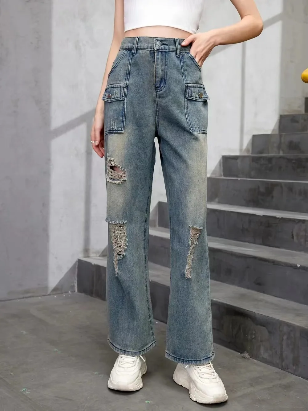 

Retro Straight Leg Jeans For Women New High-waisted Casual Ripped Wide Leg Pants Floor Length Jeans