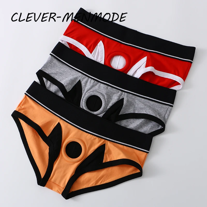 Men\'s Sexy Silicone O-Ring Briefs Cotton Open Hollow Lingerie BDSM Erotic Exemption Costume Penis Ring Panties Rave Accessories