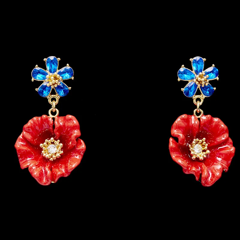 

Vintage Red Enamel Flower blue rhinestone Stud Earrings For Women Fashion Sweet Dripping Oil Personality Travel Wedding Jewelry