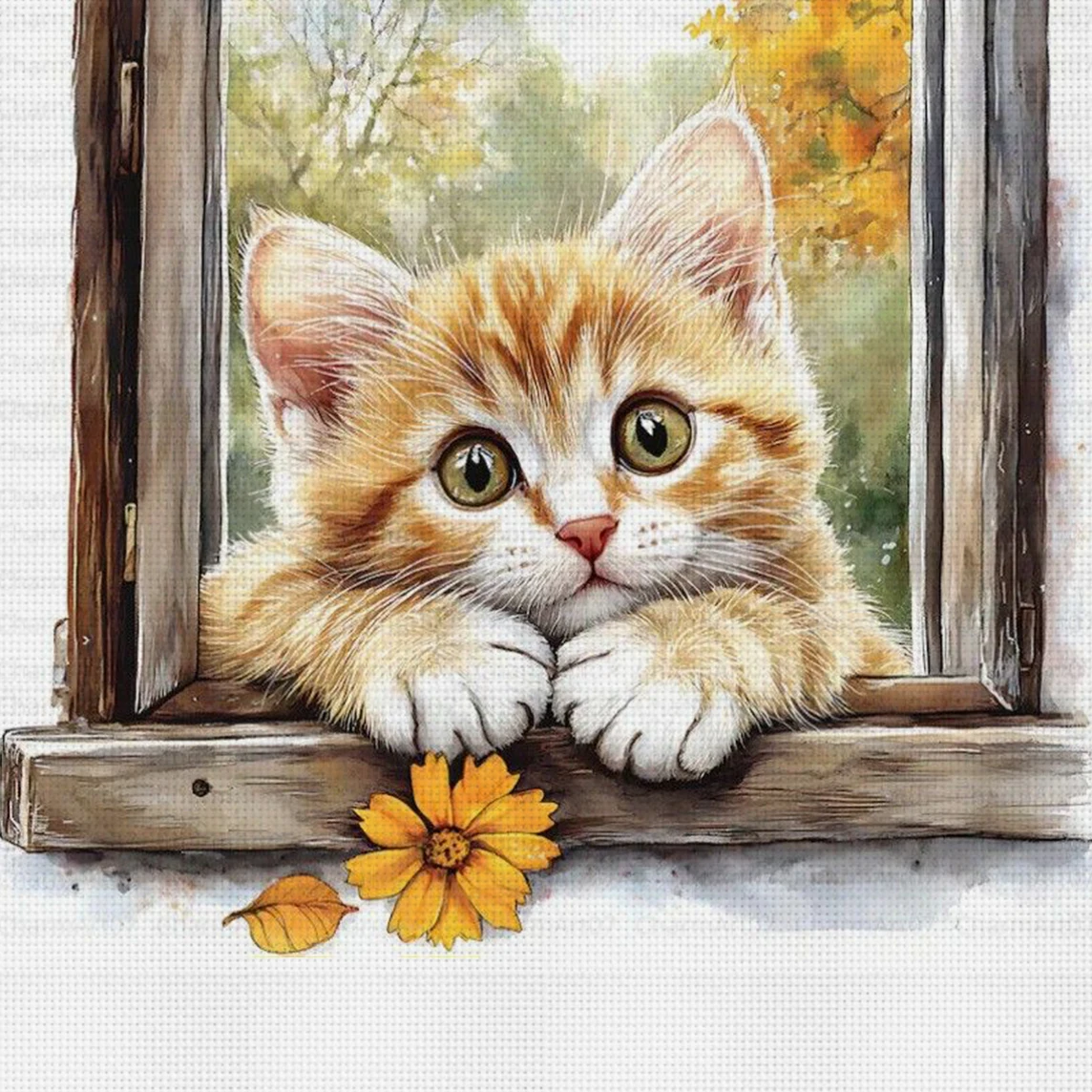 Herbstfenster-Katzen-Kreuzstich-Set, DIY 11CT Stickerei, Heimwanddekoration, Geschenk, handgefertigtes Material, rahmenlos, halbfertig, 36×36cm