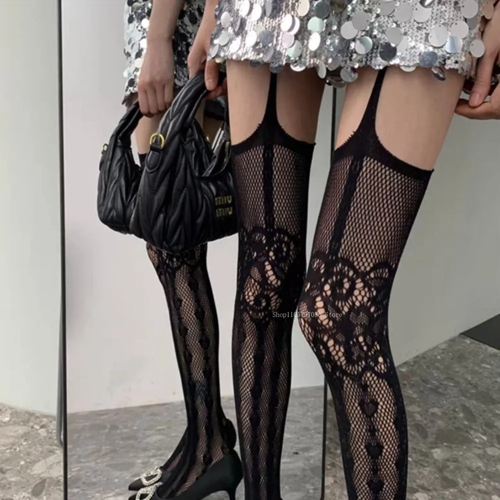 Summer Hollow Lace Stockings Elegant Suspender White Tights Stockings Gothic Punk Love Flower Texture Sexy Tights Pantyhose