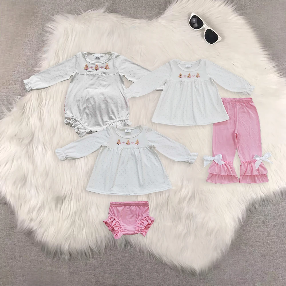 

GLP0505 Wholesale baby rompers kids clothes girl Embroidered Christmas tree bow long sleeve pants sets Summer baby girl clothes