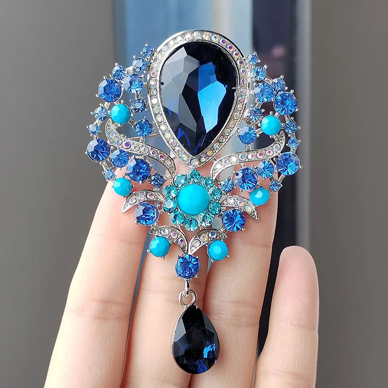 Luxury Elegant Large Crystal Water-drop Brooches for Women Vintage Fashion Pendant Style Elegant Wedding Pins Party Jewelry