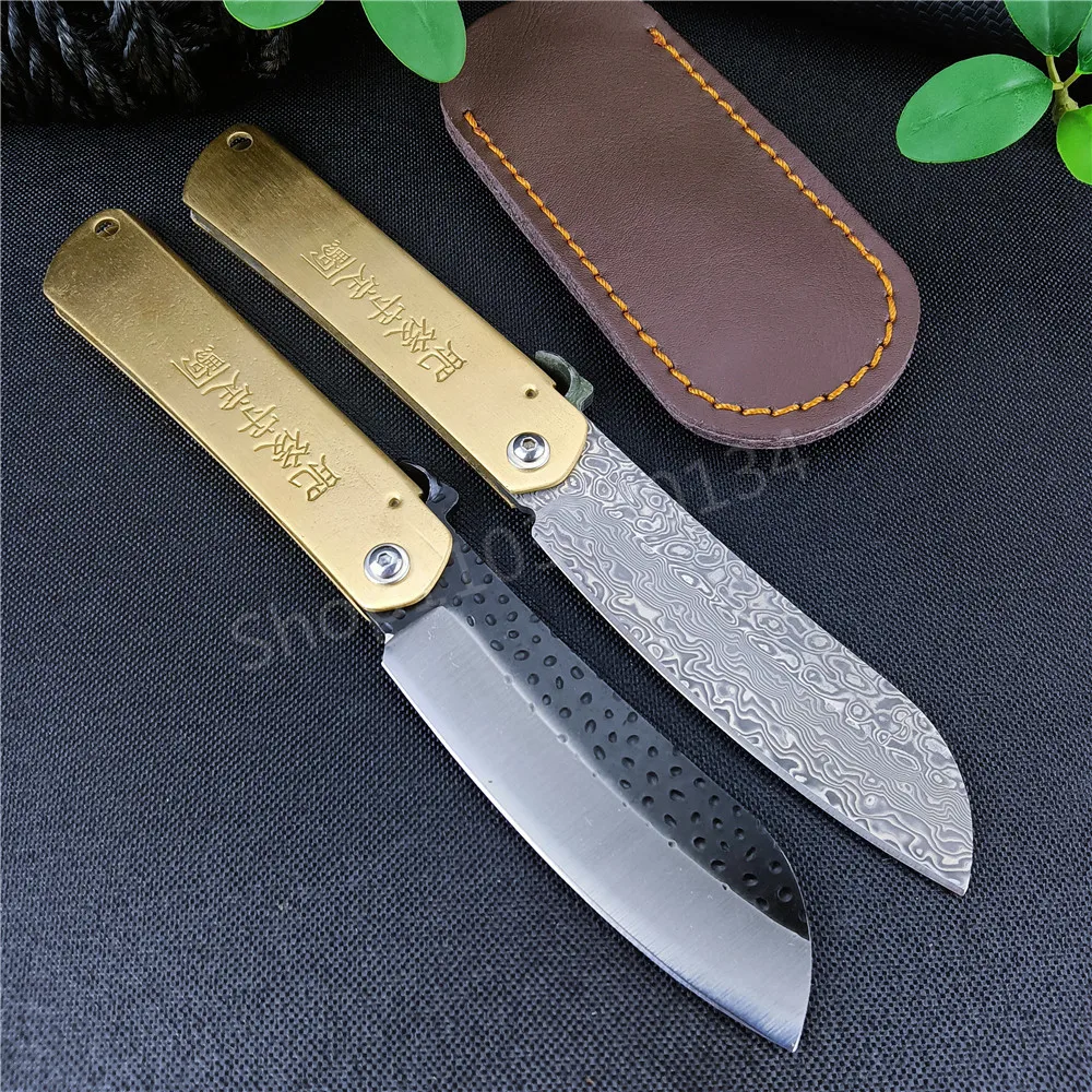 Mini Higonokami Kitchen Folding Pocket Knife Damascus Steel Blade Copper Handle Outdoor Survival Hunting Hiking Cutting EDC Tool