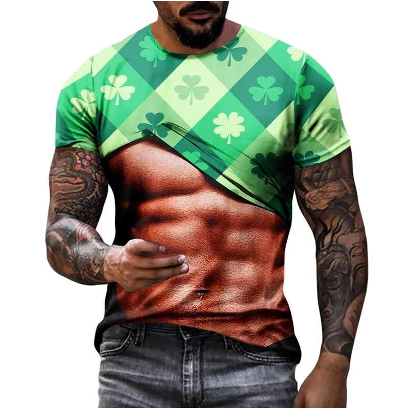 

Funny St Patrick's Day Muscle Graphic T Shirt For Men 3D Ripped Abs Novelty Party Tshirts Men's Short Sleeve Crewneck Tee Shirt