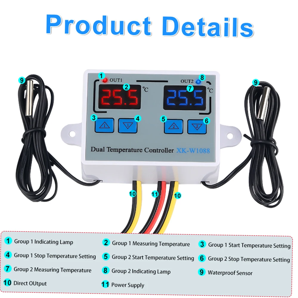 Dual Digital Thermostat Temperature Controller Two Relay Output Thermoregulator for incubator Heating Cooling XK-W1088AC110-220V