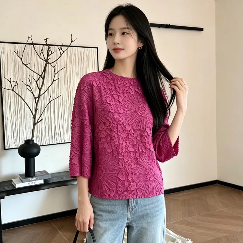 Miyake Pleated 2026 New Summer Fashion Pleated High-end Women's Solid Color Embossed Long Sleeve T-shirt Round Neck Pullover Top