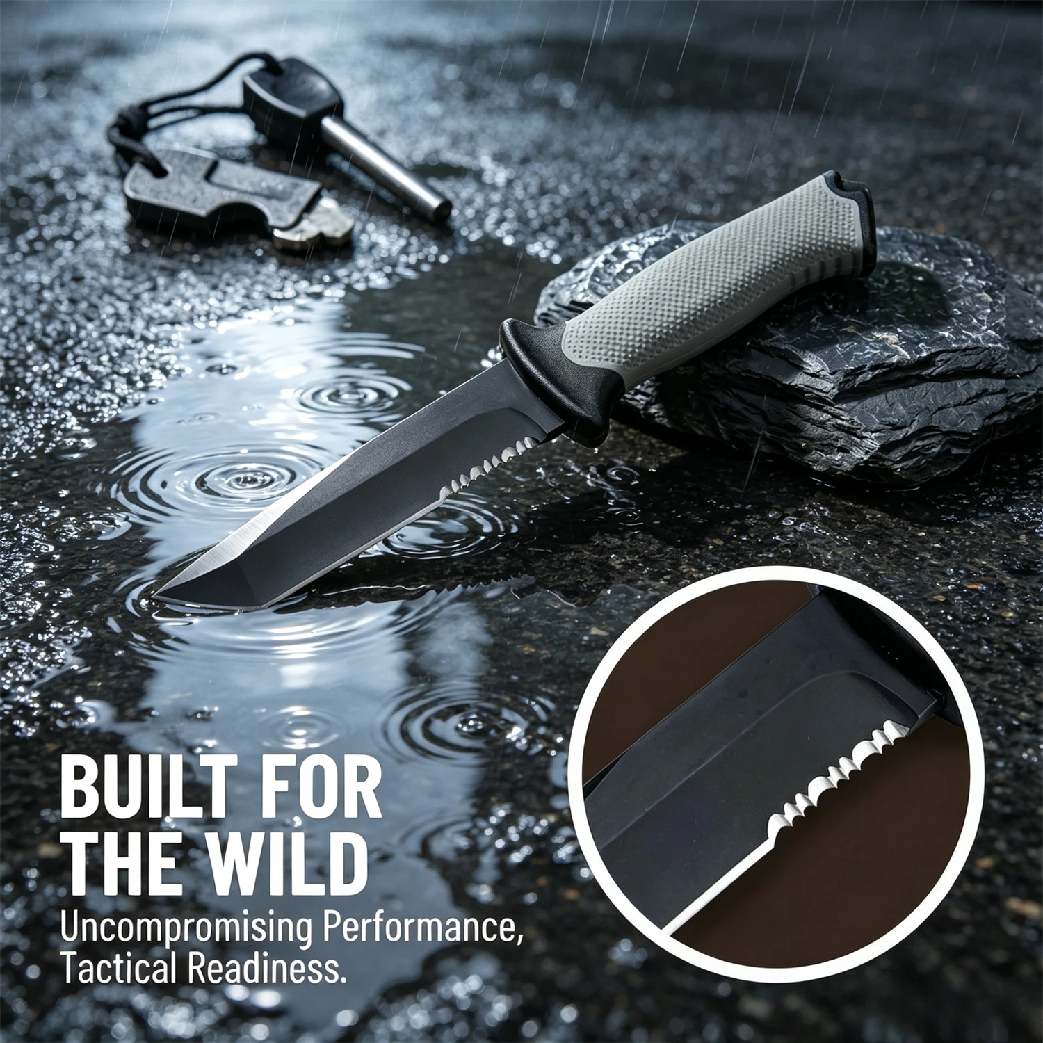 BG-9 Outdoor Carry Tool Knife 8Cr13Mov Serrated Black Fixed Blade Gray Non-slip Rubber Handle Equipped with Protective Sheath