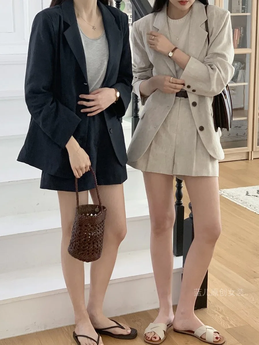 SuperAen 솔리드 컬러 코튼 및 린넨 블레이저 여성용 여름 2025 새로운 루즈하고 캐주얼한 반바지 바지 투피스 세트