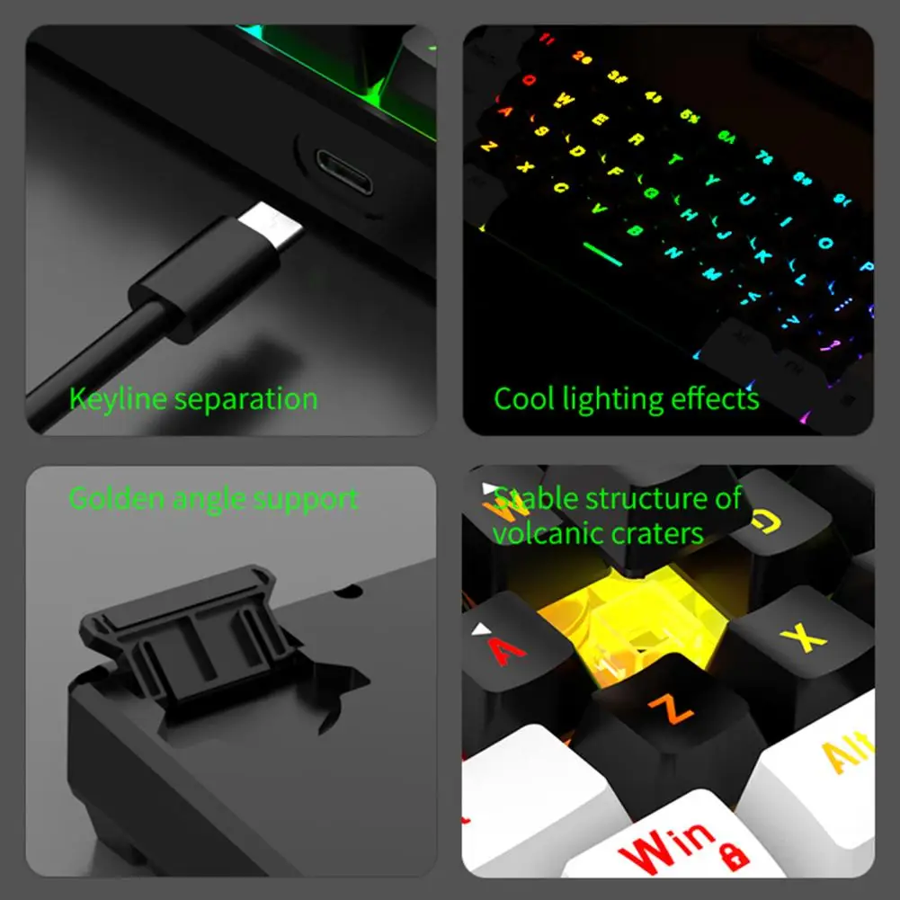 Teclado Mecânico com Iluminação RGB, Teclado Compacto de 61 Teclas, Leve, para Gamers