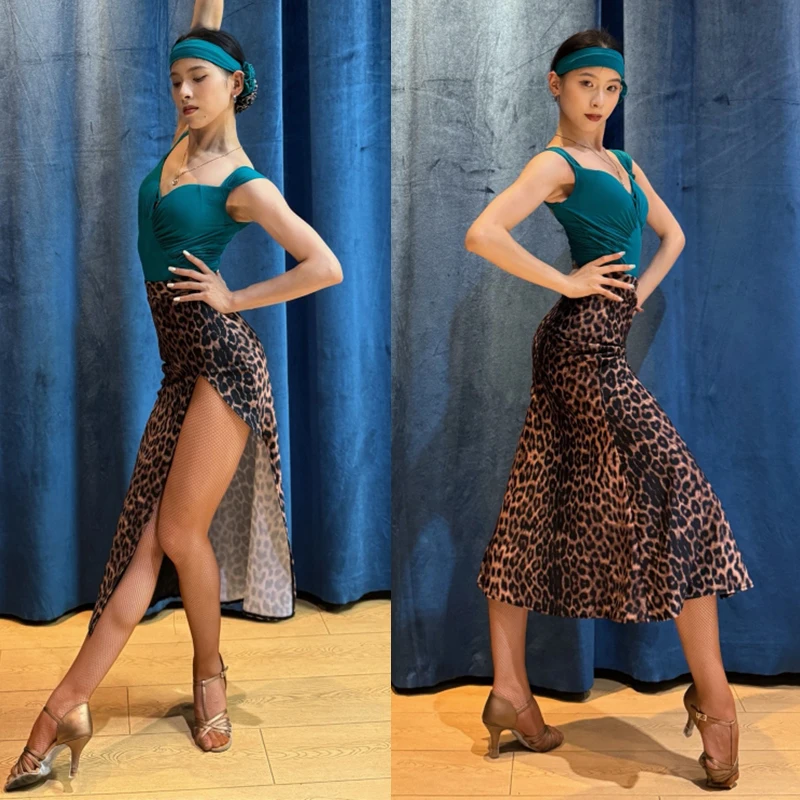 Vêtements de danse latine pour femmes, Rumba Samba Tango, hauts de danse, jupe léopard fendue, Costume de Performance Sexy, vêtements d'entraînement DNV24608