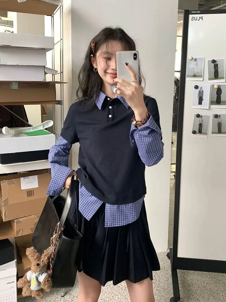 Início do outono faion faculdade sle irt colarinho falso conjunto de saia superior de duas peças sistema coreano conjunto de duas peças feminino ajuste regular