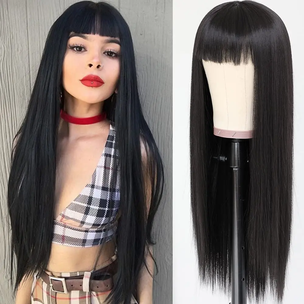 Long straight black 26-inch synthetic wig for Halloween cosplay, everyday party, high-temperature hair accessory