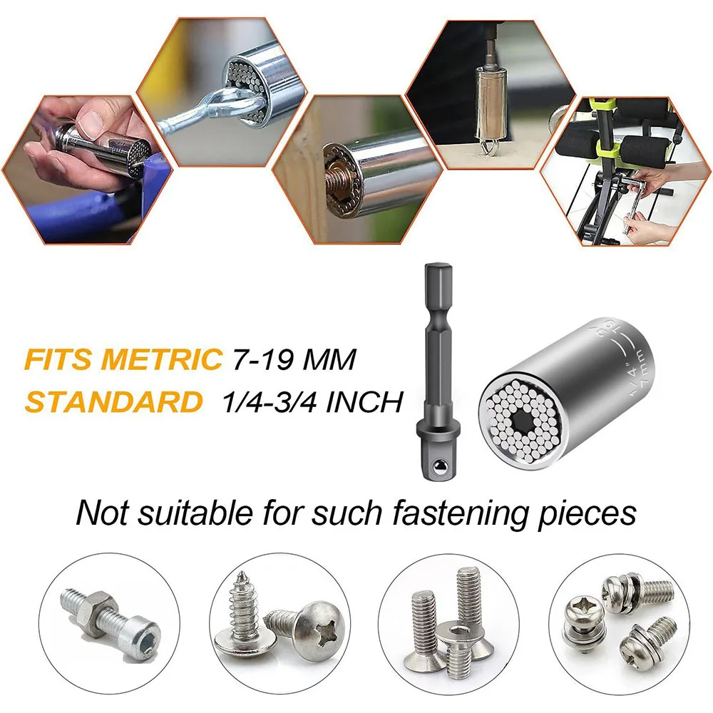 7-19mm Ratchet Universal Gator Sockets Metric Wrench Power Drill Adapter Set and 105 Degree Right Angle Extension 1/4" Drive Bit