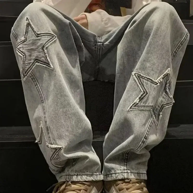 جينز مستقيم مطرز على شكل نجمة للرجال غير رسمي Y2K على الطراز القوطي للجنسين بنطال فضفاض واسع الساق مريح ملابس الشارع جينز أنيق للشباب #4