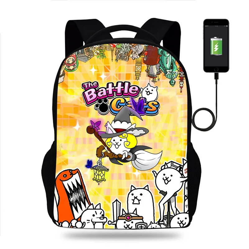 Game The Battle Cats Backpack Boys Girls School Bag Teenager Book Bags Men Women Rucksack USB Travel Knapsack Mochila